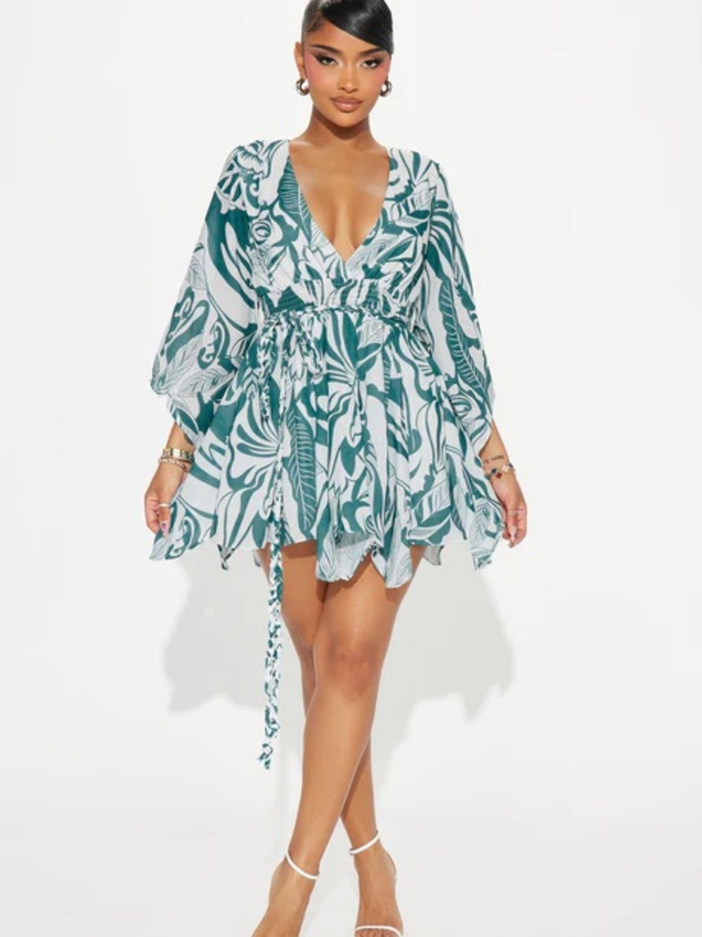 Fashion Nova Teal and White Leaf-Print Smocked Midi Dress